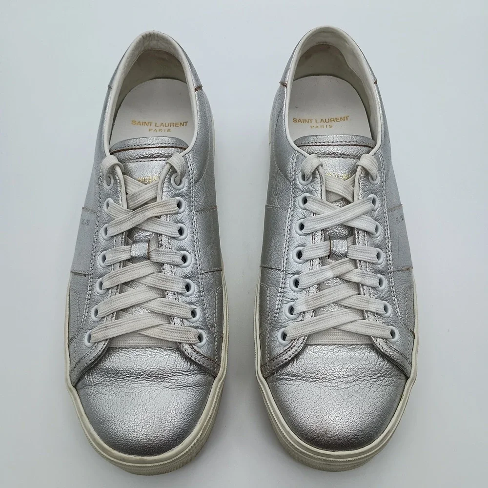 Saint Laurent Paris Silver Metallic Leather Low Top‎ Platform Sneakers EU 40